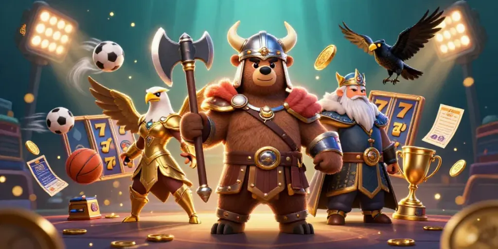 Engage with the exciting world of ea88's online casino, featuring a Viking bear and eagle in a dynamic gaming scene.