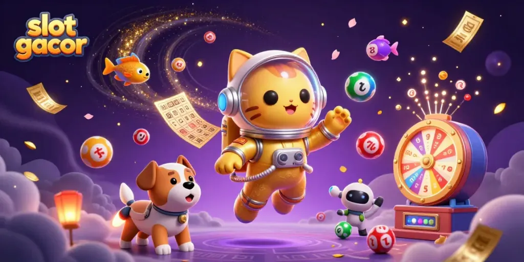 Slot gacor menarik perhatian dengan ilustrasi kucing astronaut dan unsur keberuntungan di kasino.