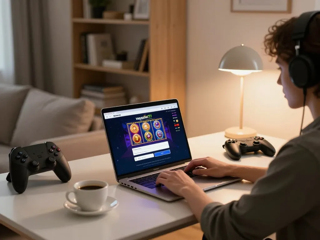 Access the vegasslot77 login page while enjoying a cozy home gaming setup.