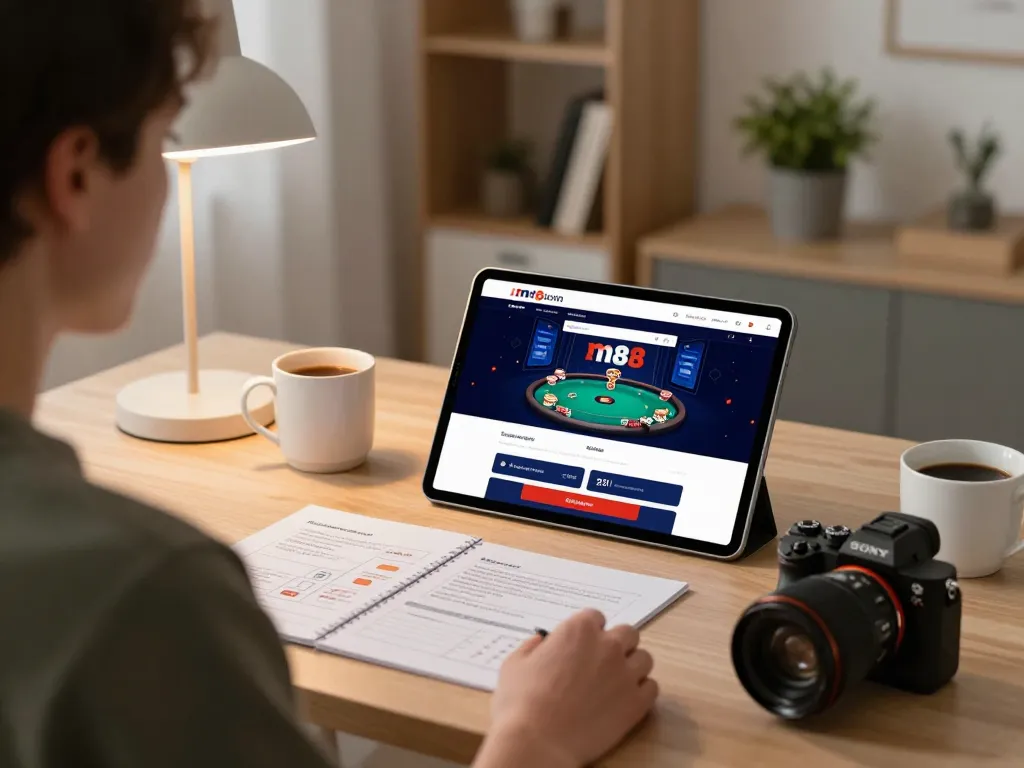 M88 login di tablet di tengah persiapan strategis dengan catatan poker di kantor rumah modern