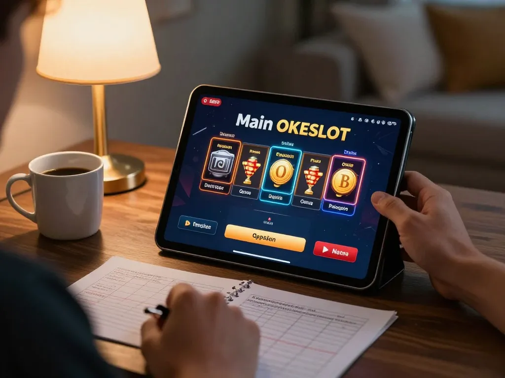Main OKESlot Deposit Qris Tanpa Potongan gameplay at home with tablet showing betting interface and bankroll notes.