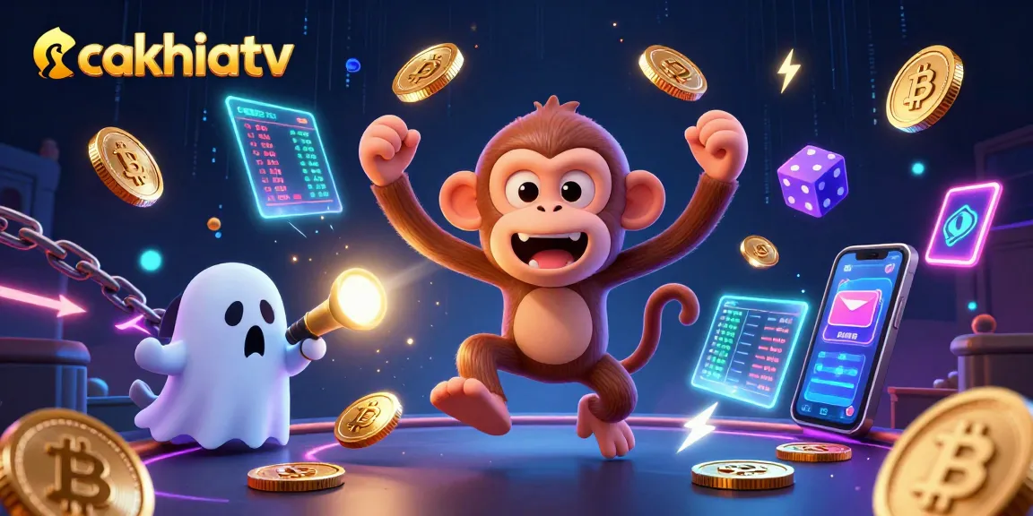 Experience the dynamic thrill of cakhiatv through a vibrant poltergeist monkey and ghost-hunter puppy in a bustling casino scene.