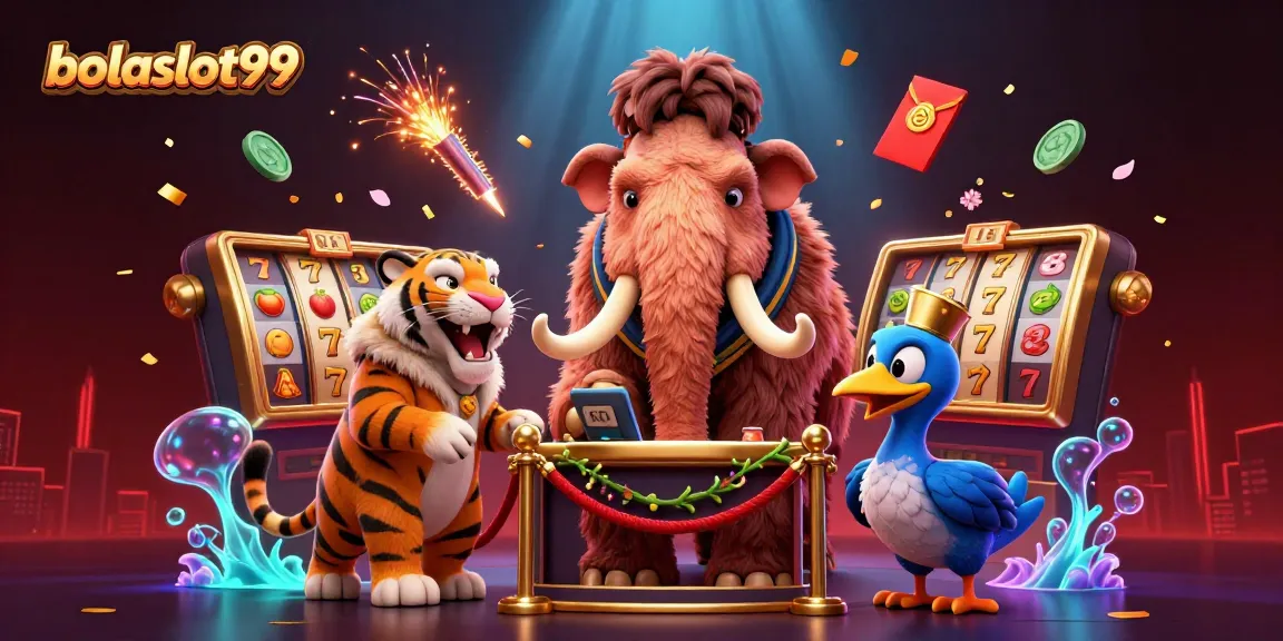 Bolaslot99 showcases a vibrant casino scene with cartoon characters and slot machine elements.
