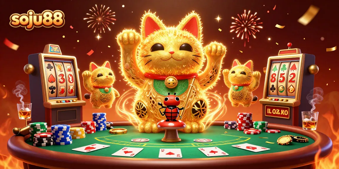 Experience the vibrant world of soju88 as golden fireflies animate a lucky casino scene.