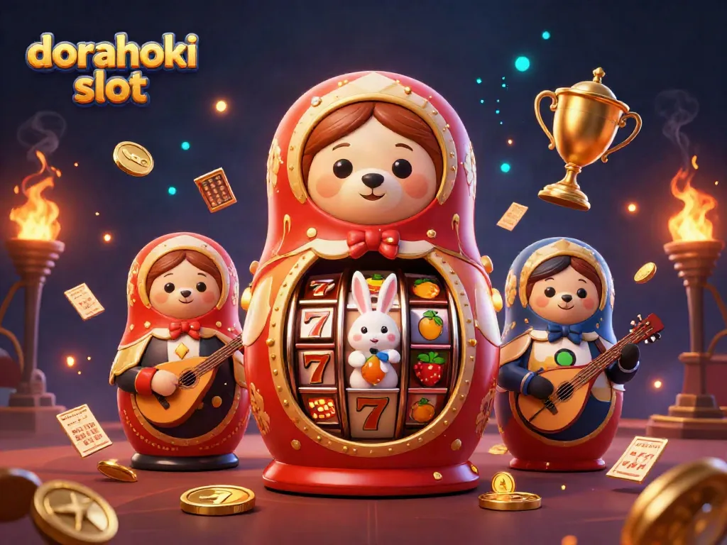 Putaran dorahoki slot yang penuh keberuntungan dengan simbol dan elemen kasino yang mencolok