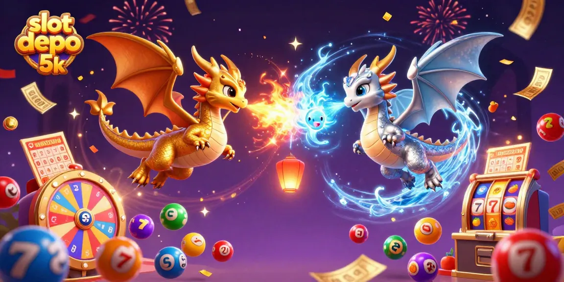 Engage with slot depo 5k in this vibrant scene featuring dragons amidst colorful casino elements.