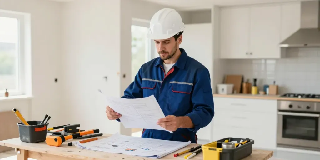 Licensed contractor reviewing blueprints at a home redesign site, showcasing trusted local services in a community.