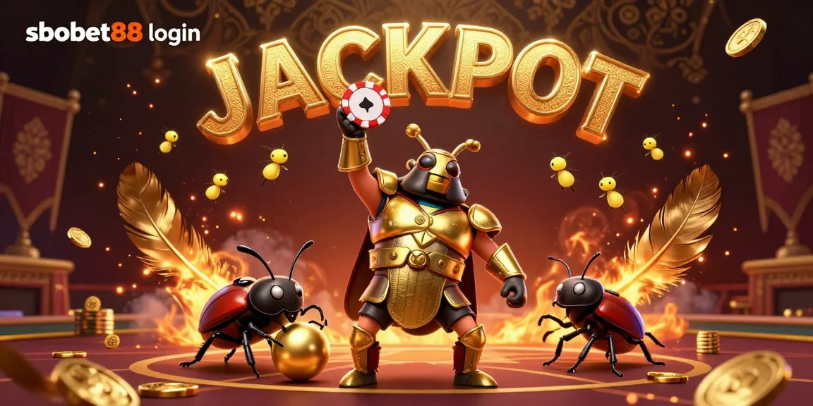 Experience sbobet88 login excitement in a vibrant digital scene with betting tokens and a jackpot celebration.