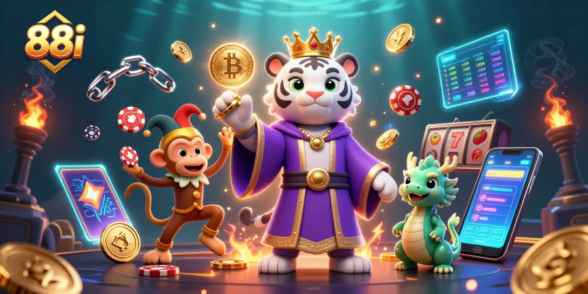 Engage with the vibrant 88i casino experience featuring a majestic tiger, jester monkey, and more in this dynamic illustration.