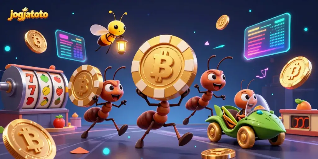Experience the thrill of jogjatoto with ants heisting a giant poker chip in this vibrant gambling-themed scene.