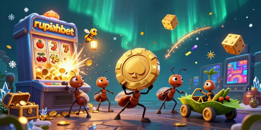 Experience thrilling gameplay with rupiahbet in this vibrant casino scene featuring animated ants and gold.