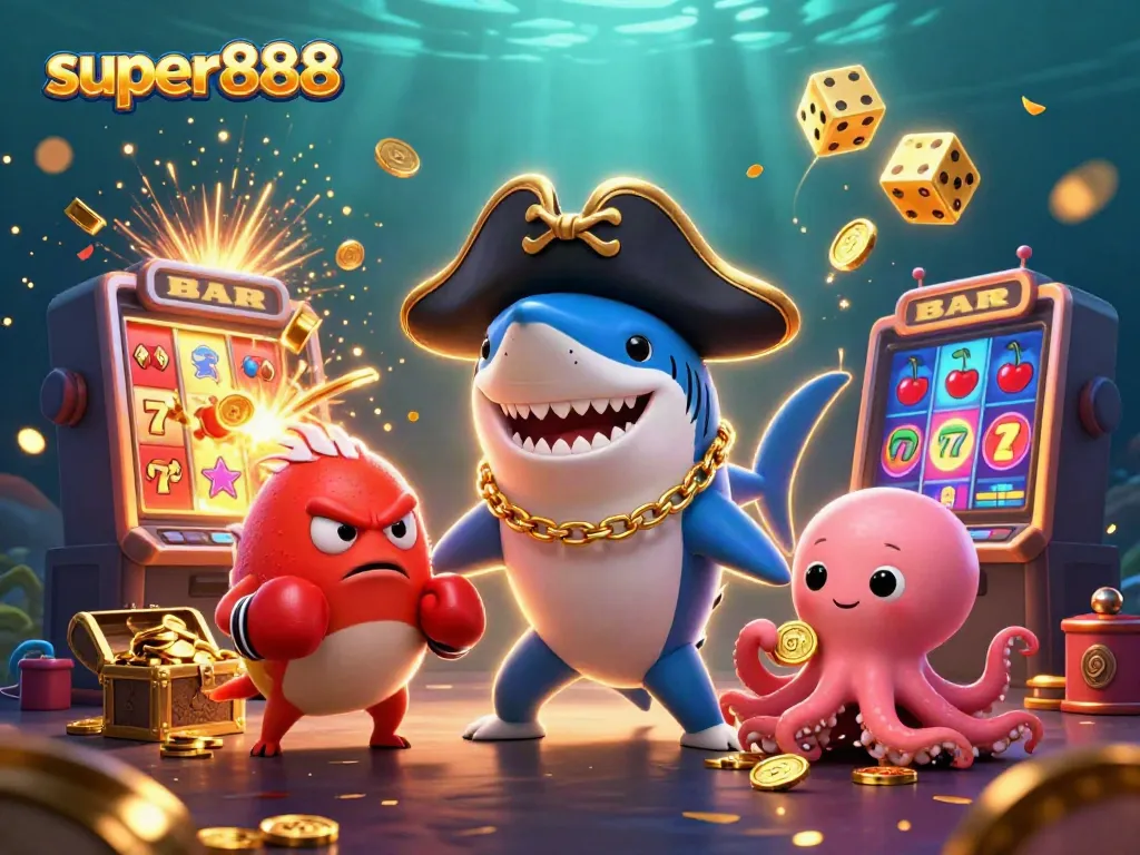 Super888 membawa slot menguntungkan dalam ilustrasi 3D mengesankan dengan karakter bahagia.