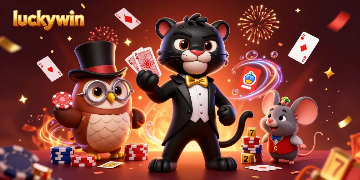 Engage with luckywin as the stylish cartoon black panther deals cards in a vibrant 3D casino scene.