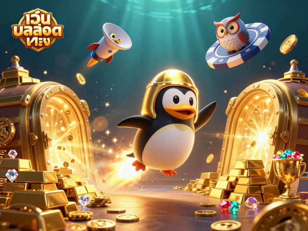 Engage with เว็บสล็อตตรง through a dynamic 3D cosmic scene, featuring a casino rocket penguin, treasure vaults, and vibrant gems.