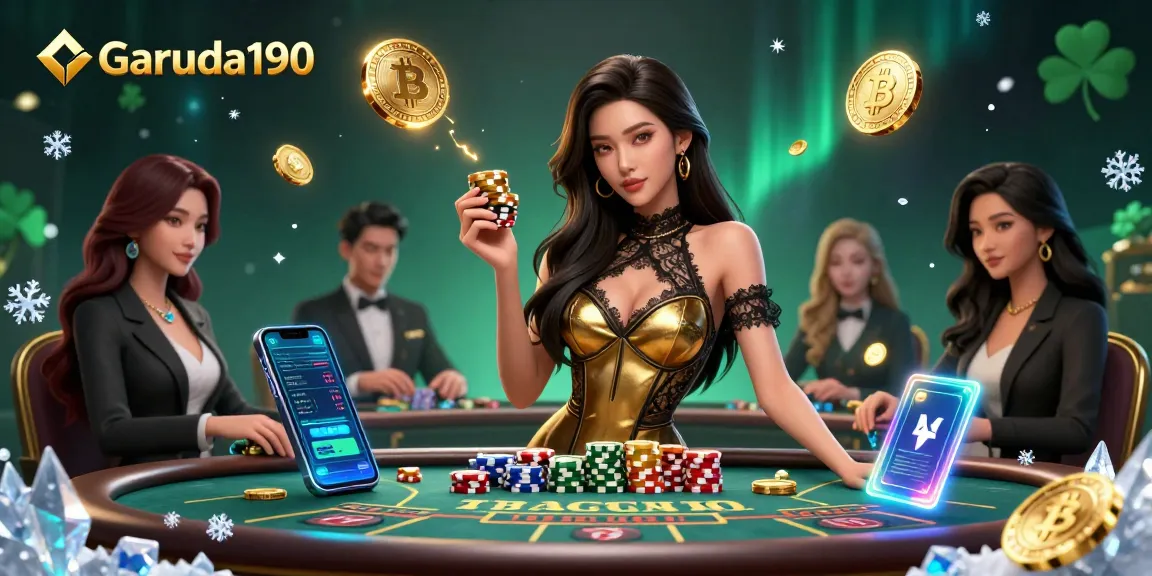 Experience high-stakes excitement at Garuda190 with glamorous players and crypto elements in a vibrant casino scene.