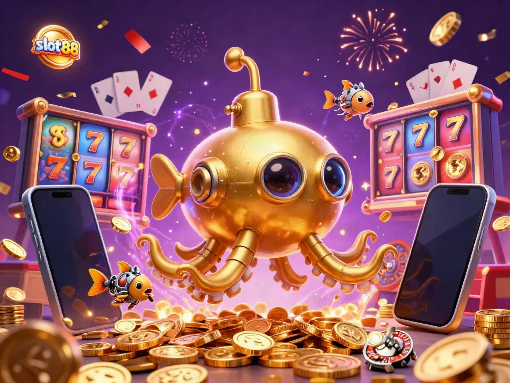 Experience thrilling wins at slot88 with a golden kraken submarine amidst a cascade of coins and vibrant game elements.