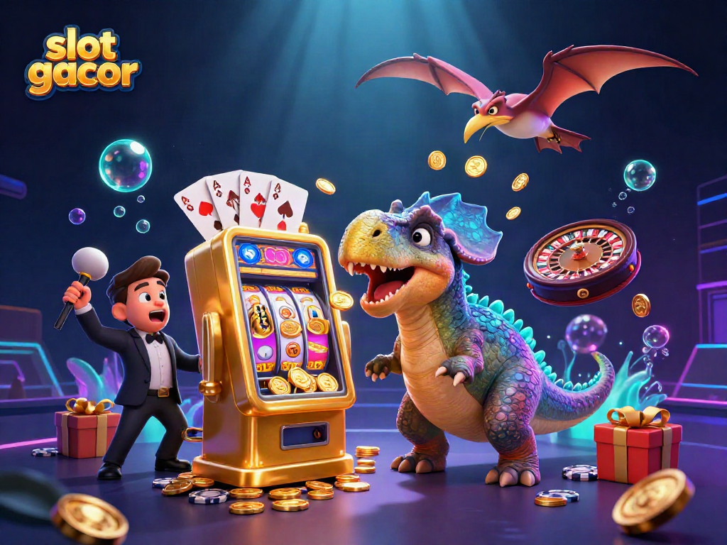 Gacor slot menarik perhatian dengan dinosaurus dan jackpot koin emas terbang.