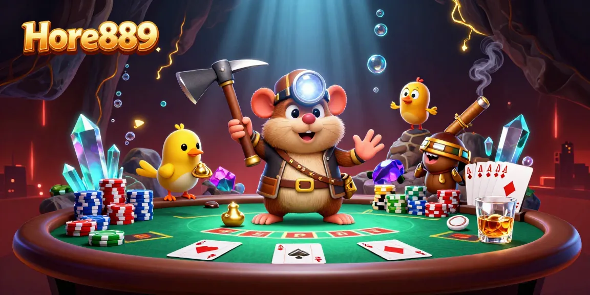 Experience exciting gameplay at Hore889 with vibrant gaming elements, treasure hunter mole, and poker details.