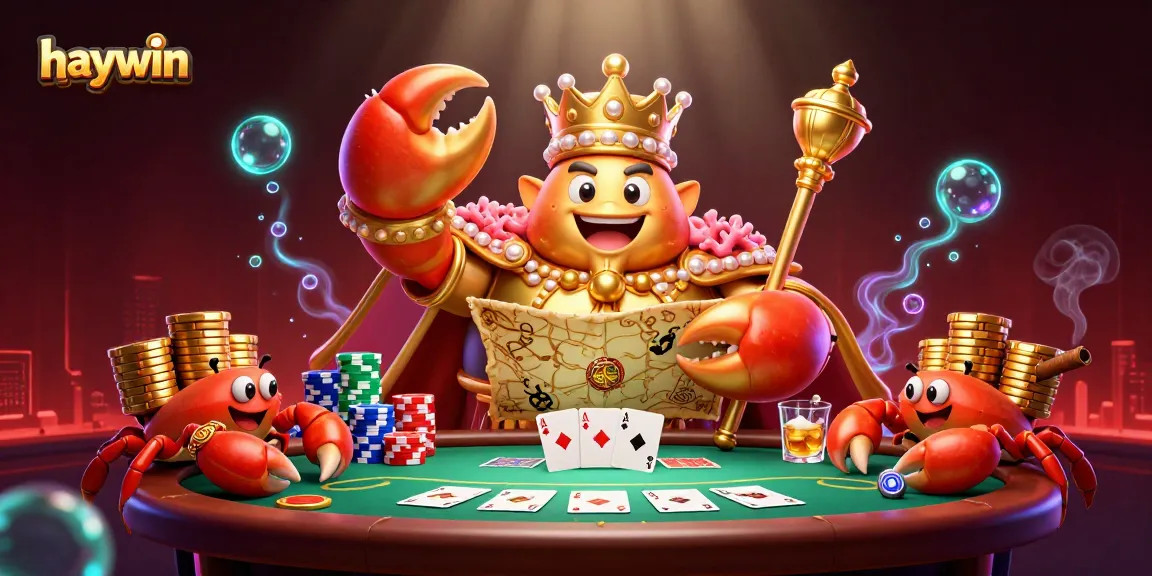 Experience the vibrant gaming at haywin with a golden crab emperor amidst a bustling casino scene.