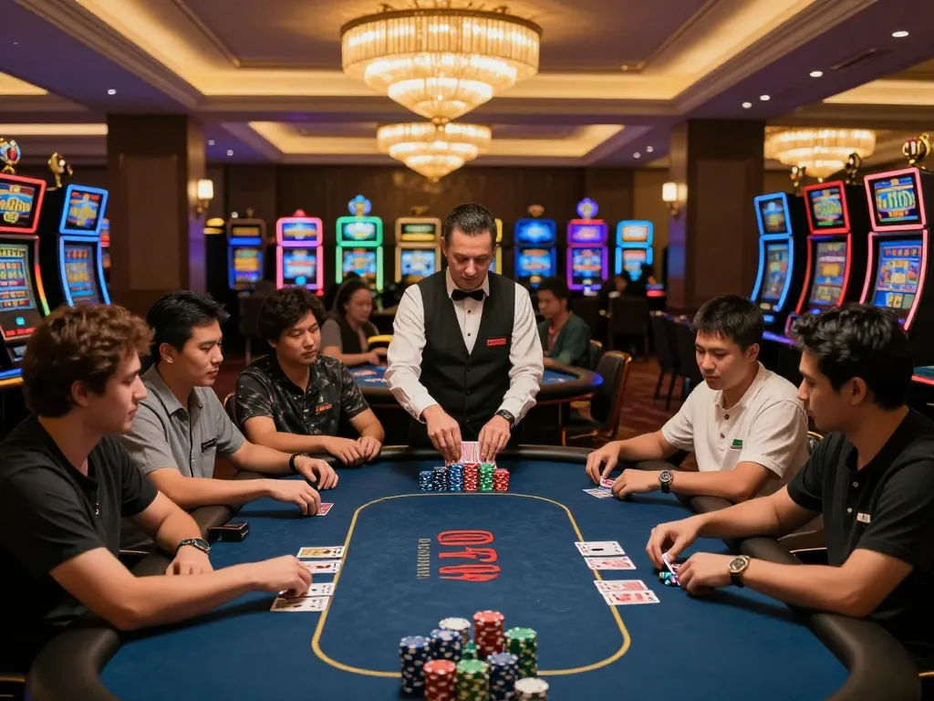 LGO99 Situs Game Online Terpercaya Di INDONESIA features players engaged in a thrilling poker game with colorful chips.