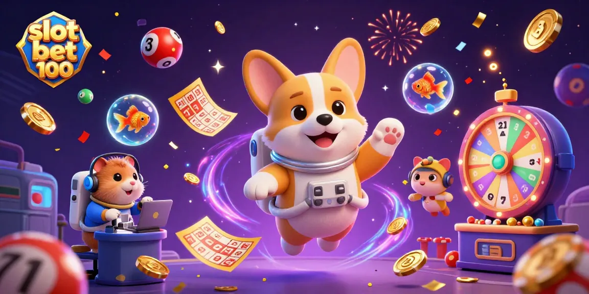 Slot bet 100 dengan corgi astronot dan elemen kasino dalam latar luar angkasa.