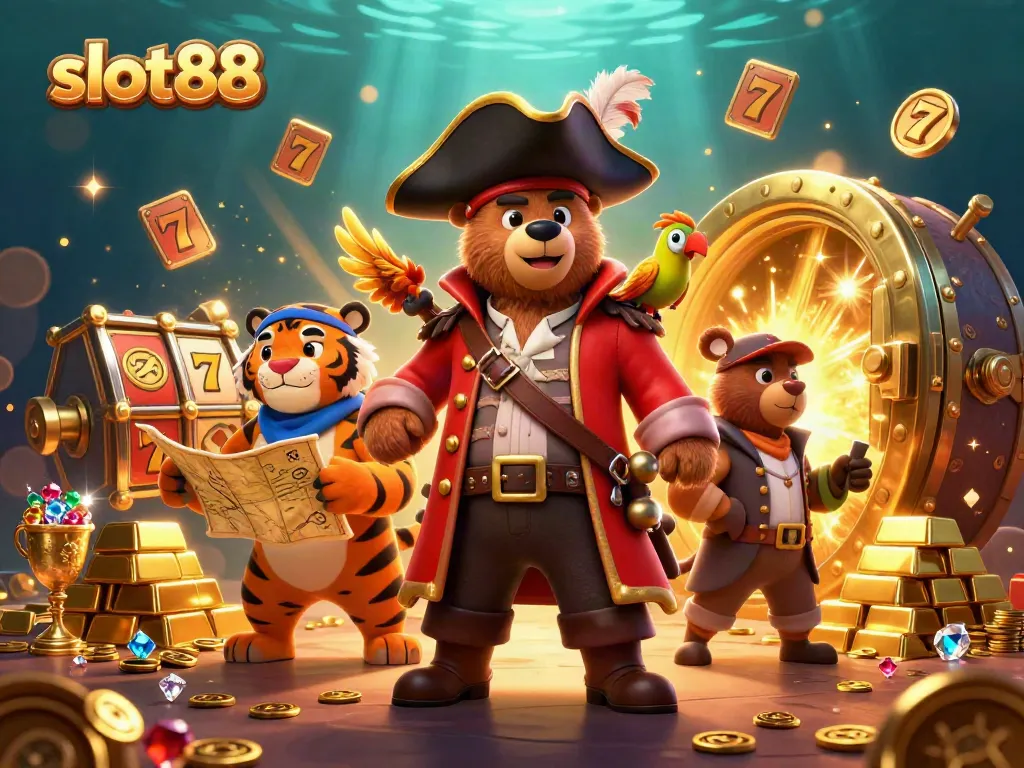 Permainan slot88 dengan karakter beruang bajak laut dan harimau, dikelilingi harta karun yang bersinar.
