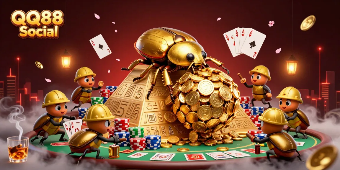 Join the excitement at QQ88 Social while massive golden beetles roll coins and chips in a rich casino atmosphere.