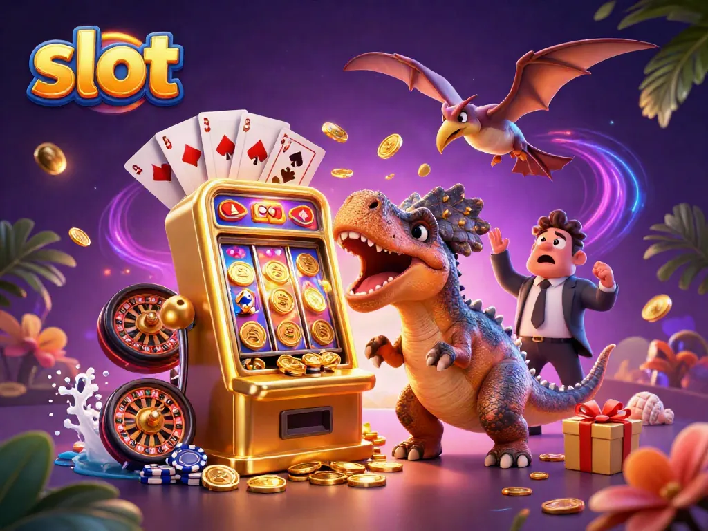 Slot yang menampilkan dinosaurus bermain mesin slot dengan koin emas terbang.