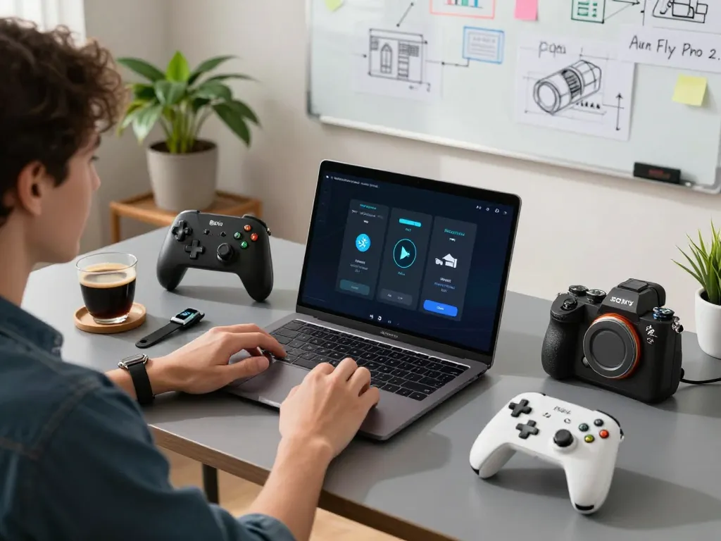 Discover cool tech gadgets under $137 in a modern workspace, showcasing Bluetooth devices enhancing productivity and lifestyle.