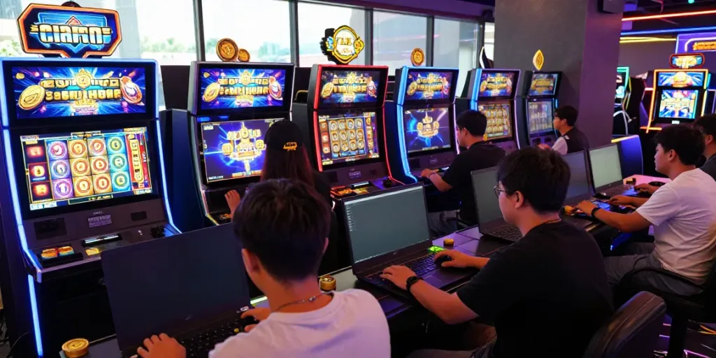 Captivating slot gacor gaming environment showcasing players engaged with vibrant digital slot machines and immersive graphics.