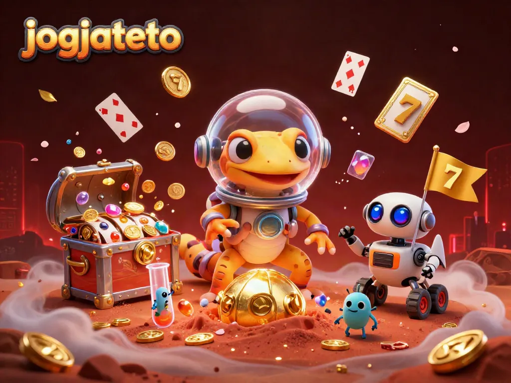 Experience the thrill of jogjatoto with a Martian gecko discovering a golden casino in a vibrant 3D scene!