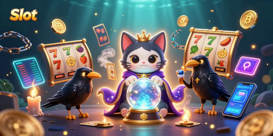 Engage with the vibrant world of Slot, featuring a mystical cat and raven amidst slot reels and crypto elements.