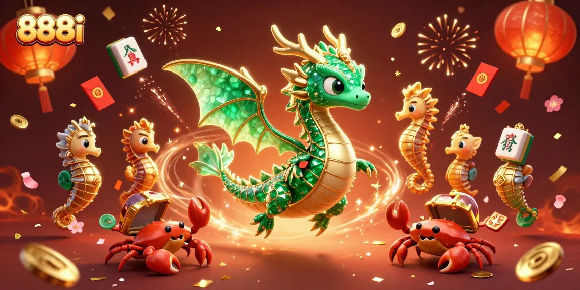 Engage in the thrilling world of 888i with a vibrant casino illustration showcasing festive elements and a dynamic sea dragon.