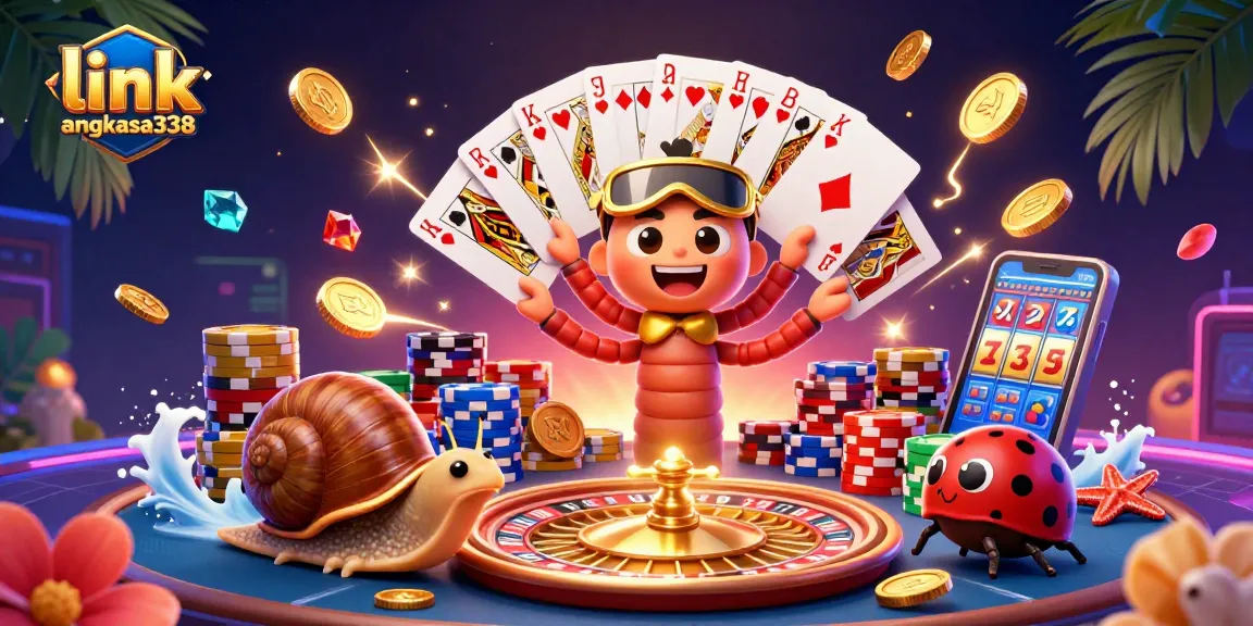 Spin and win at link angkasa338 with a dynamic 3D casino scene featuring colorful characters and prizes.