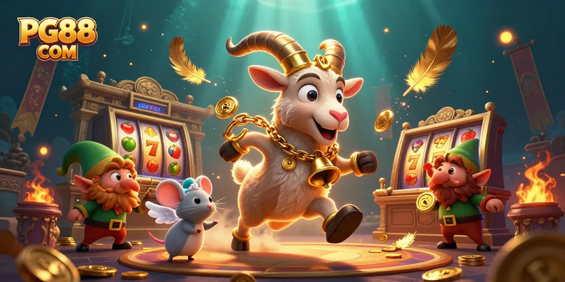 Engage in thrilling slots action with PG88 COM featuring a festive Krampus goat overseeing a vibrant casino scene.