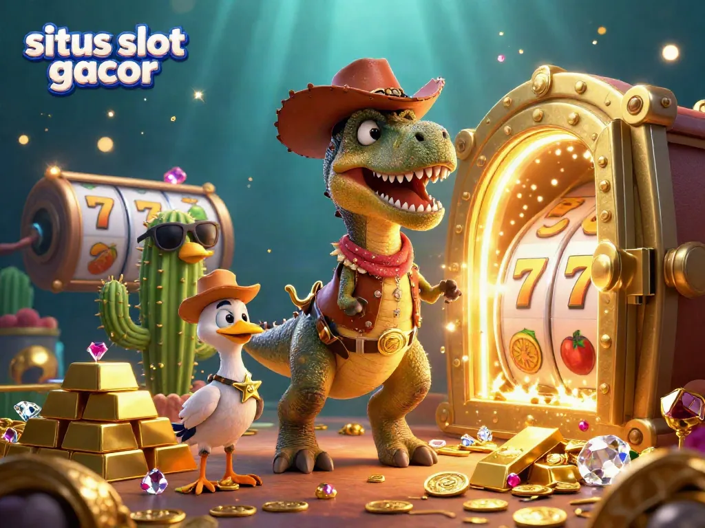 Menangkan permainan di situs slot gacor dengan simbol keberuntungan dan tumpukan harta berkilau dalam ilustrasi kasino.