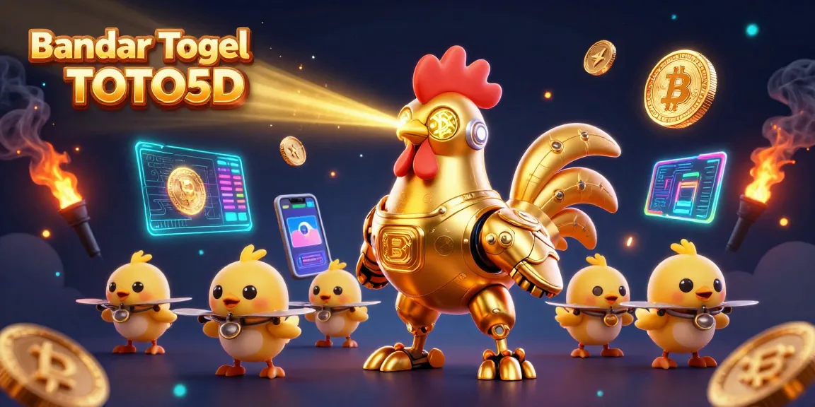 Menang di Bandar Togel Macau TOTO5D, robot emas memancarkan pola keemasan sambil dikelilingi koin Bitcoin.