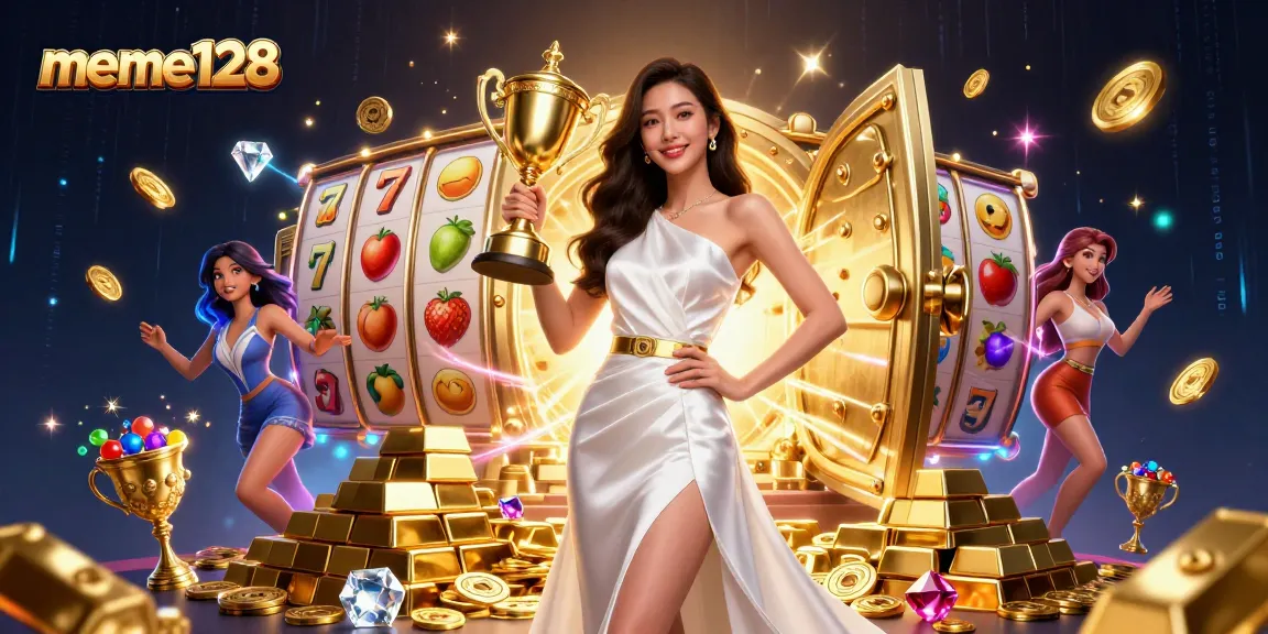 Win big at meme128 with vibrant slot reels and golden treasures in a dynamic casino scene.
