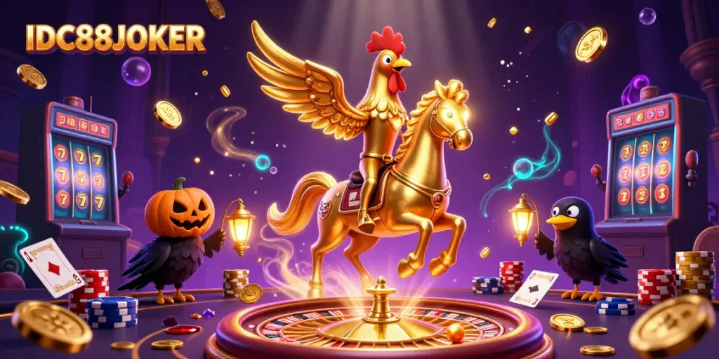 Engaging illustration of IDC88JOKER featuring a golden rooster, enchanting casino elements, and dynamic action.