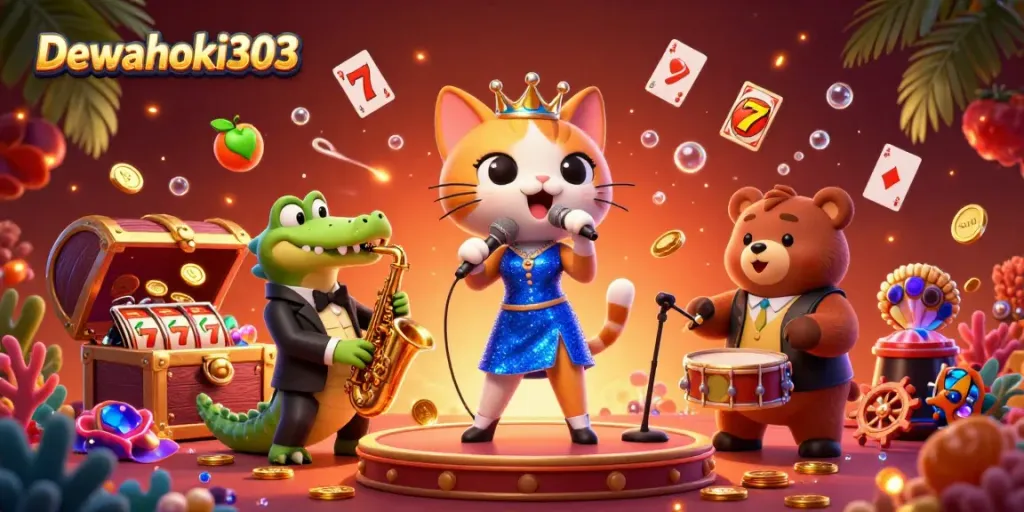 Dewahoki303 menampilkan aksi menggembirakan di kasino dengan penyanyi kucing jazzy, buaya pemain saksofon, dan beruang kecil pemukul drum.