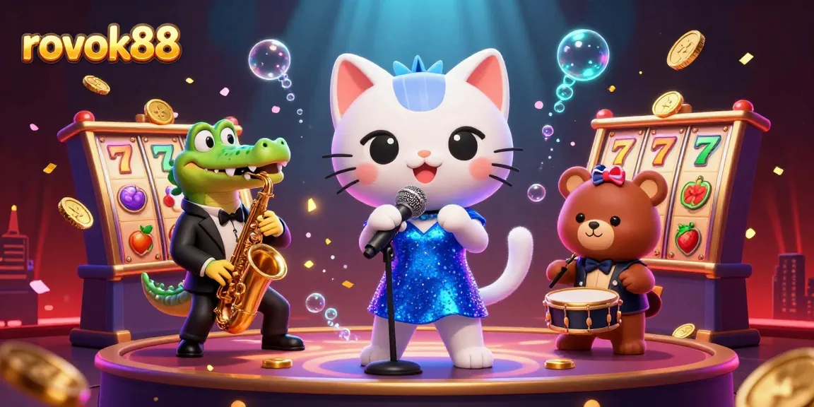 Engage with rokok88's vibrant casino scene featuring animated characters and spinning slot reels.
