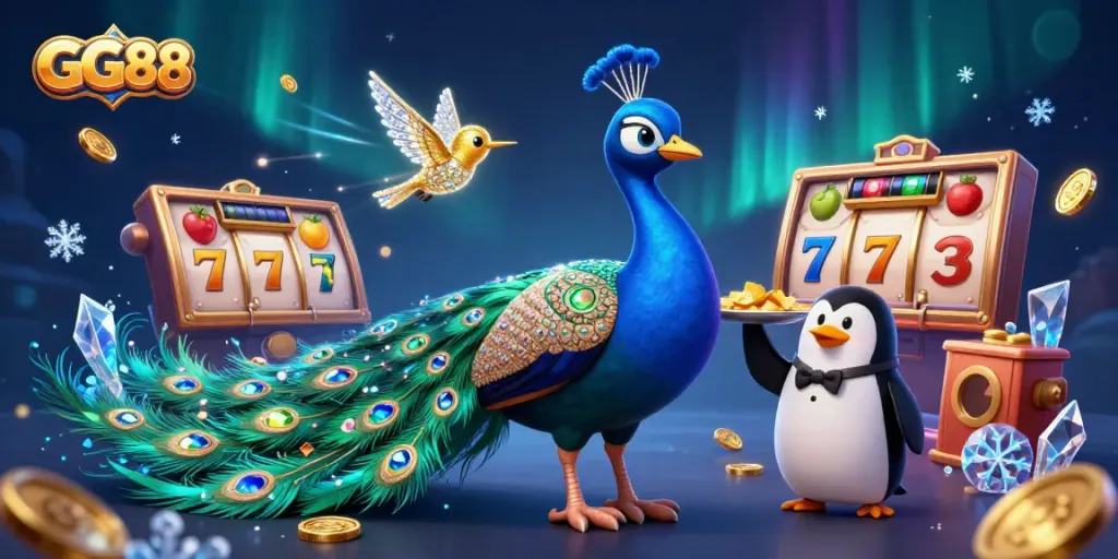 GG88 casino scene featuring a peacock, penguin, and hummingbird surrounded by slot elements and gold coins.