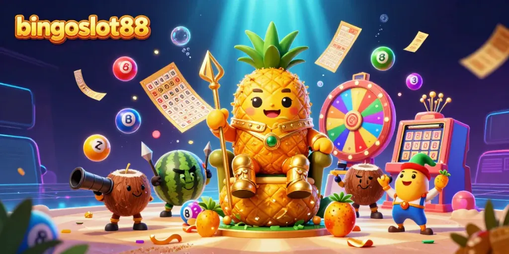 Visualisasikan keseruan bermain bingoslot88 dengan raja nanas emas dan elemen permainan lotere bersinar.