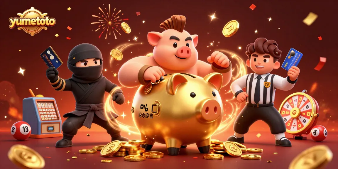 Engage with Yumetoto's dynamic lottery scene featuring a golden piggy bank and colorful elements.