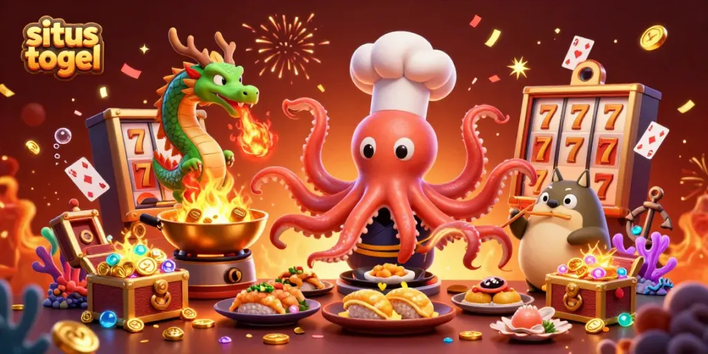 Situs togel scene with vibrant characters: an octopus chef, dragon, and tanuki in a bustling casino, surrounded by treasures.