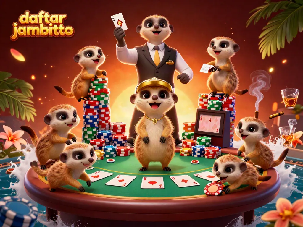 Experience the excitement of daftar jambitoto with a lively casino scene featuring meerkats and colorful poker elements.