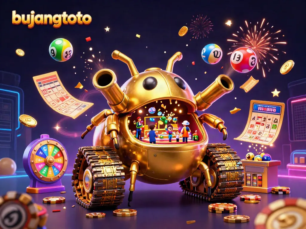 Join the excitement at bujangtoto with a dynamic casino scene, featuring a golden beetle tank and lottery games.