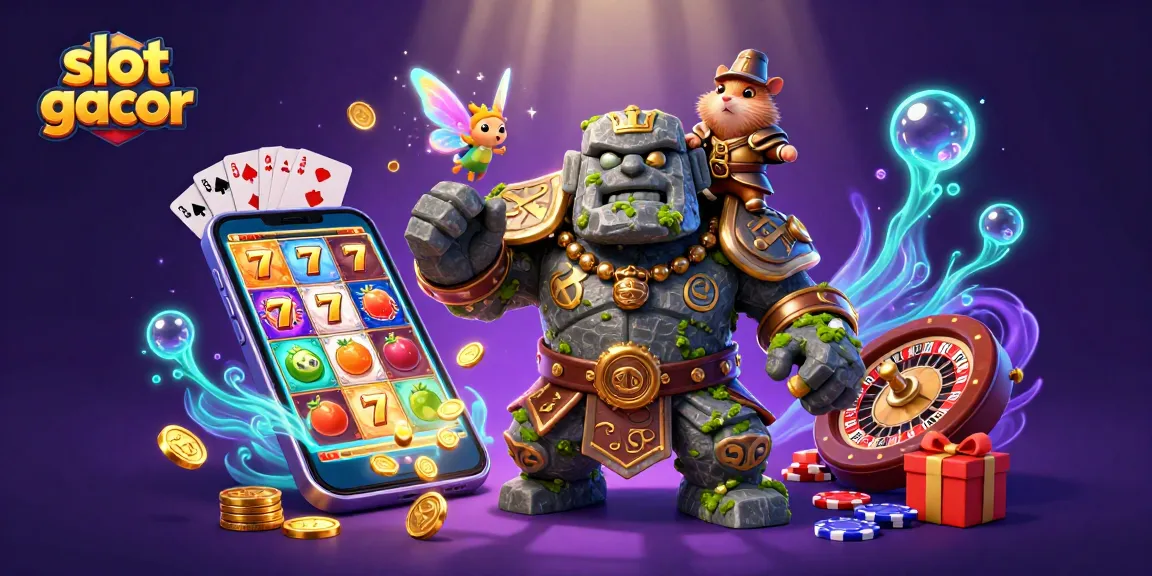 Permainan slot gacor yang mendebarkan dengan golem kuno dan hamster ksatria dalam ilustrasi magis.