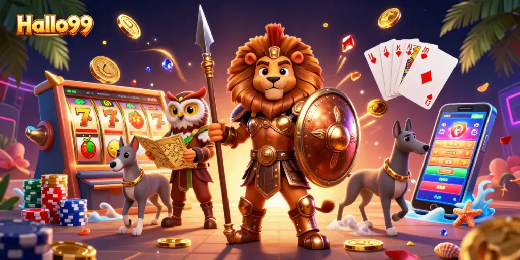 Halo99 captures the casino experience with a vibrant 3D illustration showcasing slot machines and charismatic characters.
