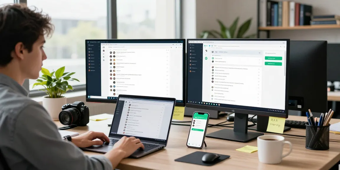 Person using WhatsApp網頁版 on a desktop, showcasing modern tech workspace.